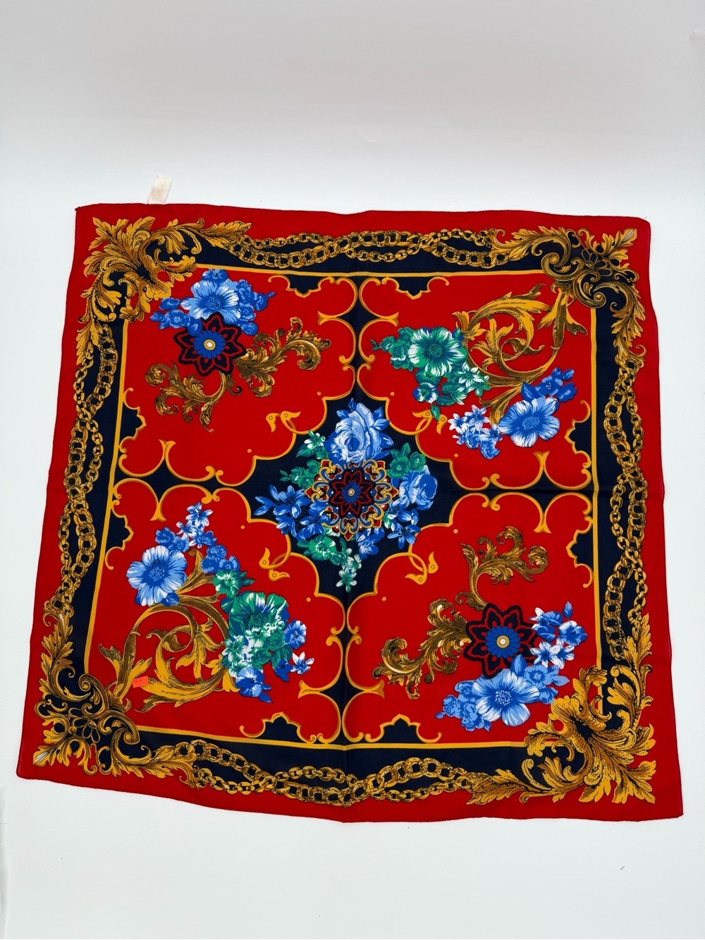 Berkshire Baroque Floral Chain Print Square Scarf Red Navy Gold Italy 31in